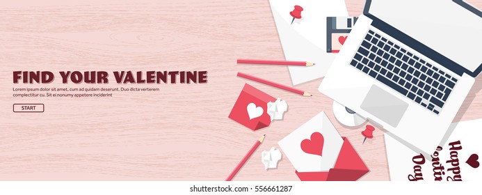 Flat background with paper, envelope. Love, hearts. Valentines day. Be my valentine. 14 february.Vector illustration. 