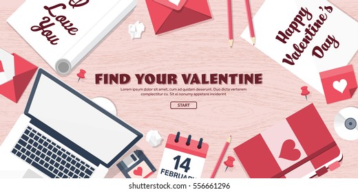 Flat background with paper, envelope. Love, hearts. Valentines day. Be my valentine. 14 february.Vector illustration. 