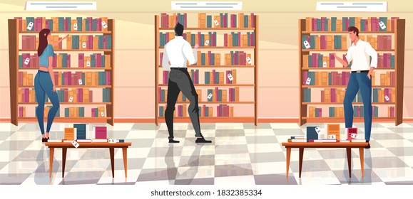 Flat background with people looking at rows of books on shelves in shop vector illustration