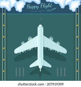 flat background with plane top view above runway