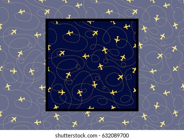 Flat background with Planes with Trajectories on dark blue color.Vector Seamless pattern with example how to use in design and decor.
