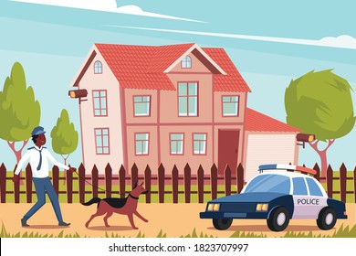 Flat background with police officer dog and car in front of house with installed home security cameras vector illustration