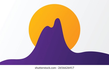 Flat background of purple mountains and yellow sun. Gradient colors on a white backdrop. Vector beautiful landscape, purple sunset in mountains. Nature background template with place for text.
