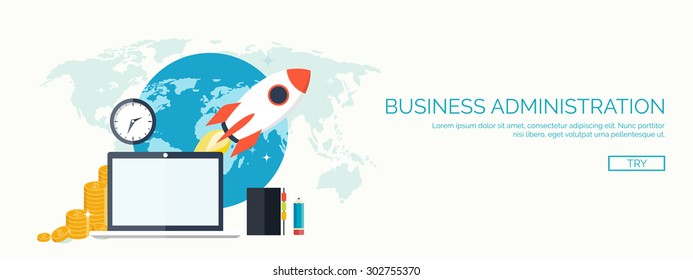 Flat background with rocket, earth globe, coins, diary and clock. Business administration and planning. Management.