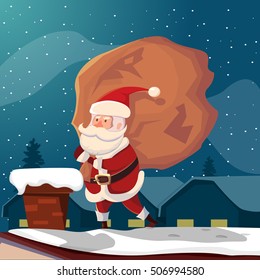 Flat background with Santa Claus cartoon character carrying big gifts sack on roof vector illustration