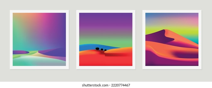 Conjunto de fondo plano. Estilo minimalista. Colección de 3 paisajes. Dunas, colinas, océano. Diseño de gradiente de gradiente ácido colorido.