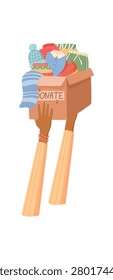 Flat background show people hand with donate box full of cloth and goods. Helpful person raise gift container as symbol of charity and support. Concept help for needy community care