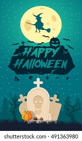 Flat background with starry night sky on cemetery with gravestones pumpkin and witch silhouette in front of moon vector illustration
