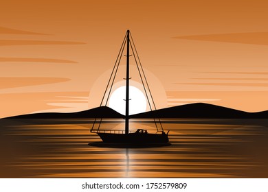 flat background sunset design by boat.Suitable for marine day commemorative posters, marine preservation posters etc.