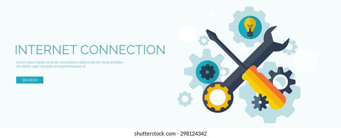 Flat background with tools. Wrench and screwdriver,. Internet settings concept background. 