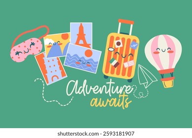 Flat background with travel kawaii elements