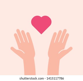 Flat background with two hands receiving or sending heart icon. Vector illustration for charity, help, supporting, work of volunteers, donation, love and kindness