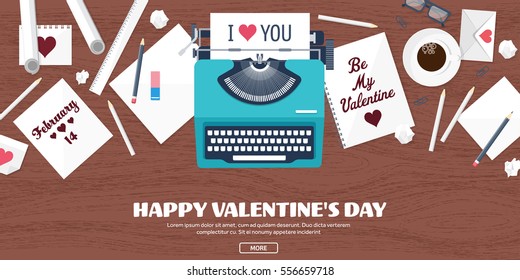 Flat background with typewriter. Love, hearts. Valentines day. Be my valentine. 14 february.Vector illustration. Holidays.