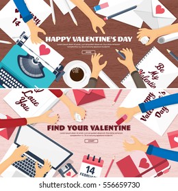 Flat background with typewriter. Love, hearts. Valentines day. Be my valentine. 14 february.Vector illustration. Holidays.