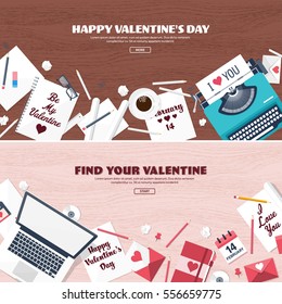 Flat background with typewriter. Love, hearts. Valentines day. Be my valentine. 14 february.Vector illustration. Holidays.
