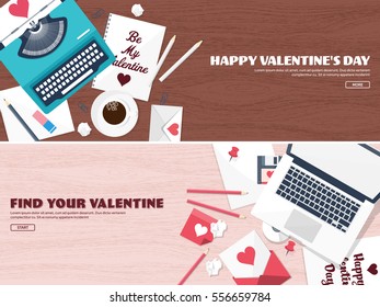 Flat background with typewriter. Love, hearts. Valentines day. Be my valentine. 14 february.Vector illustration. Holidays.