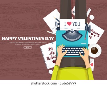 Flat background with typewriter. Love, hearts. Valentines day. Be my valentine. 14 february.Vector illustration. Holidays.
