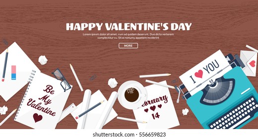 Flat background with typewriter. Love, hearts. Valentines day. Be my valentine. 14 february.Vector illustration. Holidays.