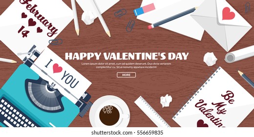 Flat background with typewriter. Love, hearts. Valentines day. Be my valentine. 14 february.Vector illustration. Holidays.