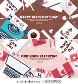 Flat background with typewriter. Love, hearts. Valentines day. Be my valentine. 14 february.Vector illustration. Holidays.