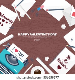 Flat background with typewriter. Love, hearts. Valentines day. Be my valentine. 14 february.Vector illustration. Holidays.