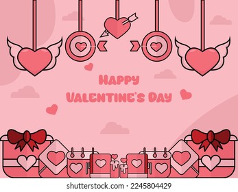 Flat Background Valentine's Day Celebration hanging element hearts and put romantic element