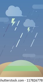 Flat background vector design with rain, thunder and clouds