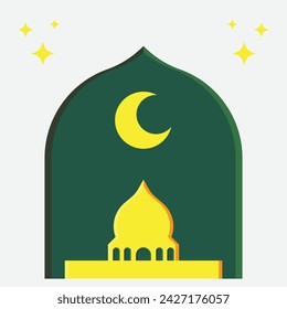 Flat background vector illustration with Ramadan theme. Islamic background with green, yellow and white colors. Mosque flat illustration. Suitable for greeting cards, posters, flyers, banners, etc.
