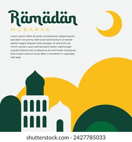 Flat background vector illustration with Ramadan theme. Islamic background with green, yellow and white colors. Mosque flat illustration. Suitable for greeting cards, posters, flyers, banners, etc.