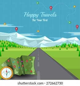 Flat Background Vector Road Disappearing Into The Horizon With Landscape And Compass Map Mountains And Pins