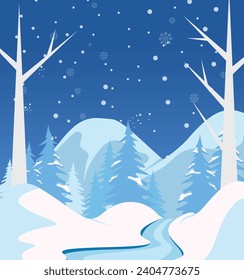 Flat background for winter season celebration. Snowy Winter Landscape Background illustration design