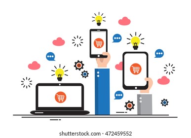 Flat backgrounds set. Internet shopping. Web store. Global communication and trading. E-commerce