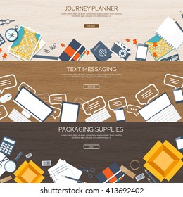 Flat backgrounds set. Journey planning. Travel,  summer holidays. Text messaging. Communication,chatting. Social network.Packaging supplies. Express and worldwide delivery.