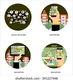 Flat backgrounds set. Navigation and traveling. Map pointer and location finding. Web application.