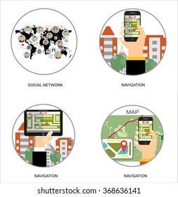 Flat backgrounds set. Navigation and traveling. Map pointer and location finding. Web application.