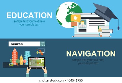 Flat backgrounds set. Navigation and traveling. Map pointer and location finding. Web application.Education and online courses, web tutorials, e-learning. Study and creative process. Video tutorials.