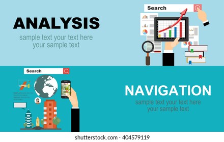 Flat backgrounds set. Navigation and traveling. Web application.Concepts for business planning and accounting, analysis, audit, project management, marketing, research in flat design style.