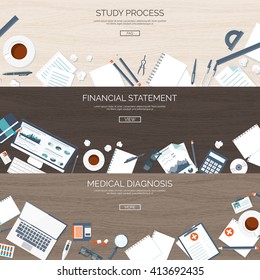 Flat backgrounds set. Study process. Online education. Web courses,e-learning. Financial statement. Money making and saving. Business.First aid,medical help. Doctor,hospital. Diagnosis.