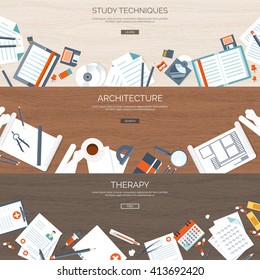 Flat backgrounds set. Study,online education. Web courses. E-learning. Architecture,design. Project. Therapy. First aid,medical help. Doctor and hospital.