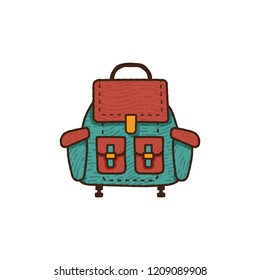 Flat backpack icon. Unique retro camping design. Vintage hand drawn travel equipment badge, patch. Stock vector backpacking gear emblem isolated on white background.