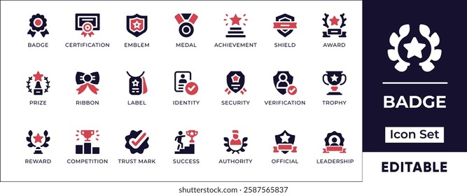 Flat badge icon set featuring awards, certifications, achievements, ranks, security badges, and recognition symbols.