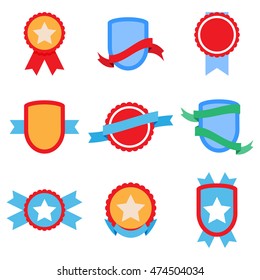 Flat badge set. Label banner, shield with ribbon, sticker and badge vector illustration
