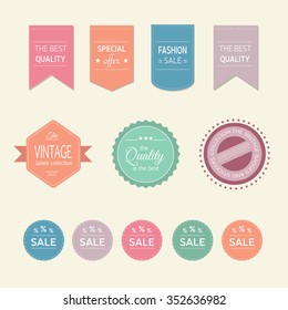 Flat badges, stickers, labels in vector. Colourful stickers: sale, best offer, high quality
