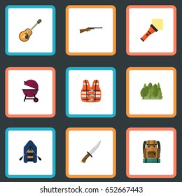 Flat Bag, Music, Weapon And Other Vector Elements. Set Of Encampment Flat Symbols Also Includes Rifle, Vest, Barbecue Objects.