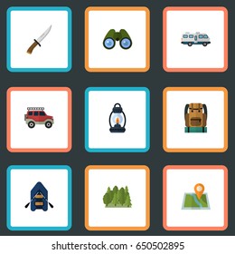 Flat Bag, Zoom, Location And Other Vector Elements. Set Of Camp Flat Symbols Also Includes Suv, Bag, Pin Objects.