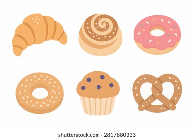 Flat bakery icon set with croissant, cinnamon roll, donut, bagel, muffin and pretzel. Minimal modern vector food collection isolated on white background.