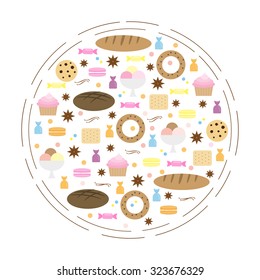 Flat bakery icons composed in circle shape. Can be used for flayers, banners.