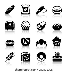 flat bakery icons set, isolated, black color with reflex