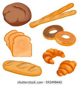 Flat bakery set in cartoon style flat design color isolated on white. Vector illustration of brown tommy, sliced bread, long loaf, two baguettes, buns with poppy and sesame seeds,fresh croissants.