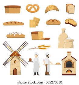 Flat bakery set with two bakers bread and other baked products isolated on white background vector illustration